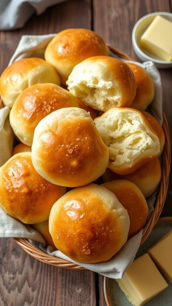 A basket of fluffy vegan yeast rolls, golden brown with a pat of vegan butter on a rustic table.